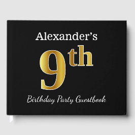 Livro De Visitas Preto, Faux Dourada 9ª Festa de aniversário + Nome