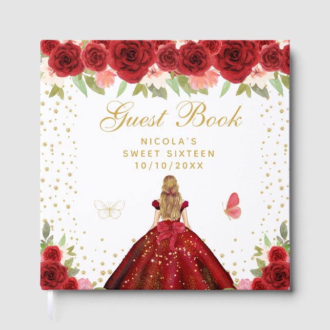 Livro De Visitas Princesa de Cabelo Loiro com Flores Vermelhas Swee (Frente)