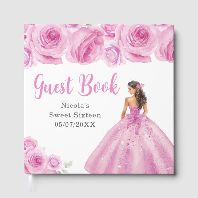 Livro De Visitas Princesa Floral com um Vestido Rosa Sweet Sixteen (Frente)