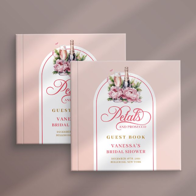 Livro de visitas prosecco com pétalas em rosa suav (Soft blush and gold petals prosecco guest book)