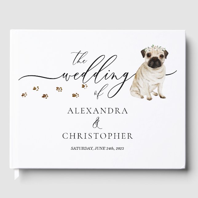 Livro De Visitas Pug cachorrinho Calliografia de Casamento (Frente)