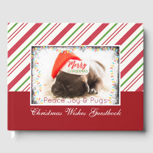 Livro De Visitas Pug Festivo no Red Santa Hat com Luzes de Natal