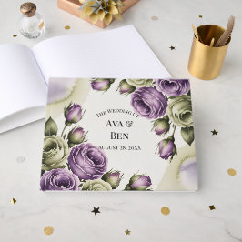 Livro De Visitas Purple and Sage Green Roses Watercolor Wedding
