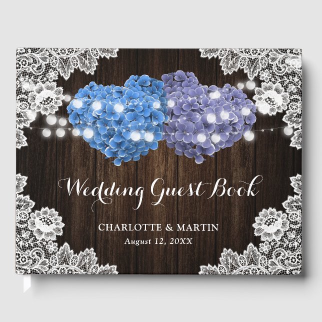 Livro De Visitas Purple Blue Rustic Wood Floral Lace Burlap Wedding (Frente)