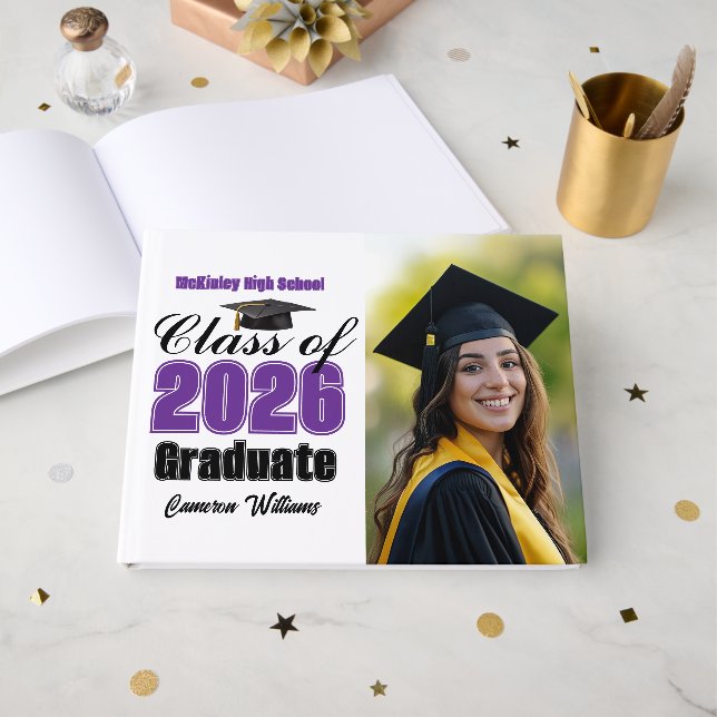 Livro De Visitas Purple Class of 2026 Graduation Photo (Frente aberta)