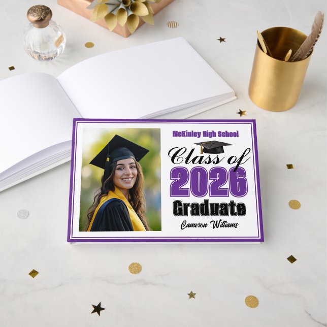 Livro De Visitas Purple Class of 2026 Photo Small Graduation (Frente aberta)