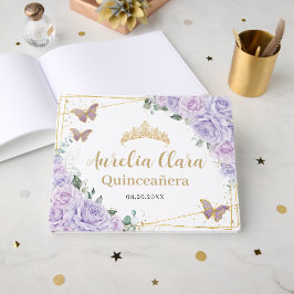 Livro De Visitas Purple Lilac Roses Floral Butterflies Quinceanera 