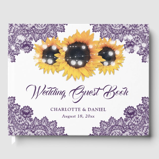 Livro De Visitas Purple Rustic Floral Lace Sunflower Wedding (Frente)
