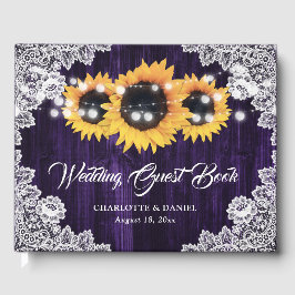 Livro De Visitas Purple Sunflower Wood Floral Lace Wedding
