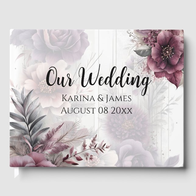 Livro De Visitas Púrpura, rosa e floral marrom elegantes (Frente)