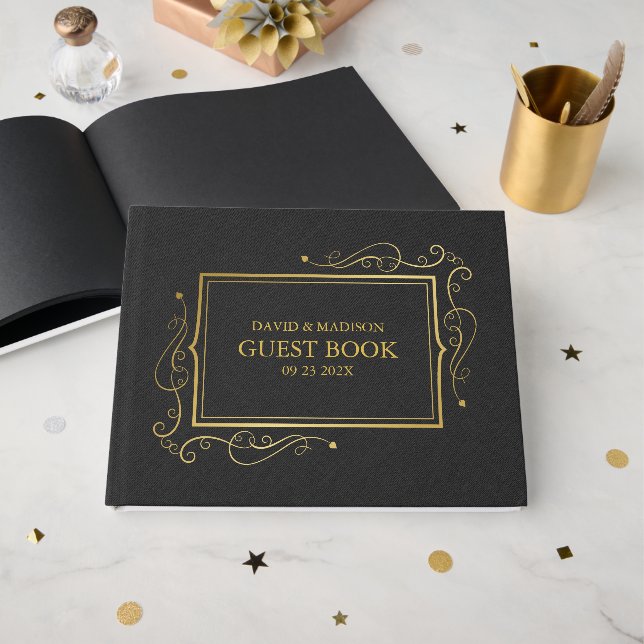 Livro De Visitas Quadro Dourado de Linen Preto Faux (Frente aberta)
