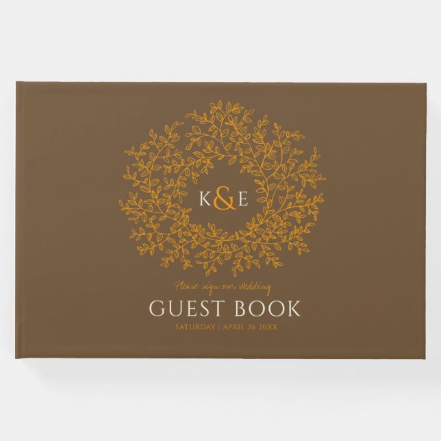 Livro De Visitas Queda castanho do monograma branco de folha laranj (Frente)