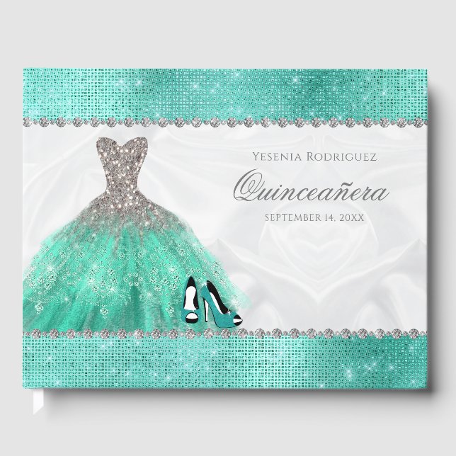 Livro De Visitas Quinceañera Aqua Diamond Sparkle Glitter (Frente)