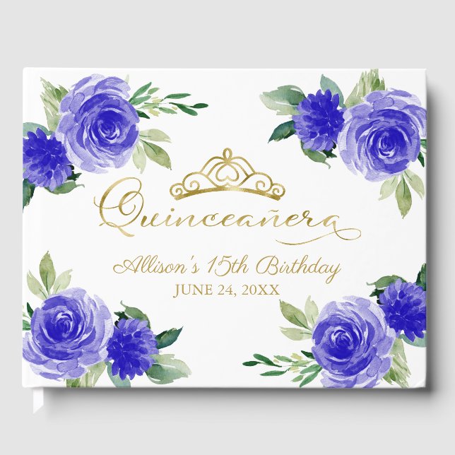 Livro De Visitas Quinceanera Azul Dourada Tiara (Frente)