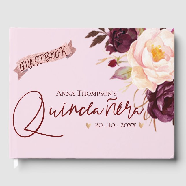 Livro De Visitas Quinceanera Blush Pink Burgundy (Frente)