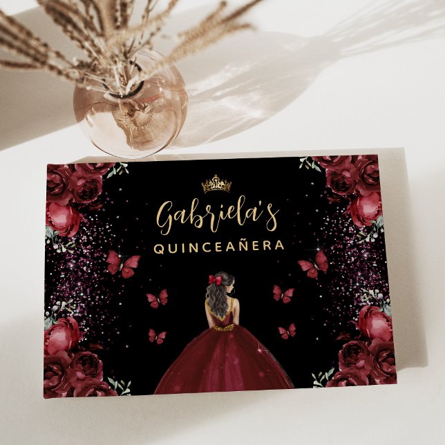 Livro De Visitas Quinceañera Burgundy Dourado Floral Preto (Criador carregado)