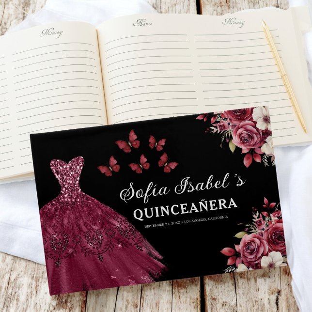 Livro De Visitas Quinceañera Burgundy Princesa Dourada Floral (Criador carregado)