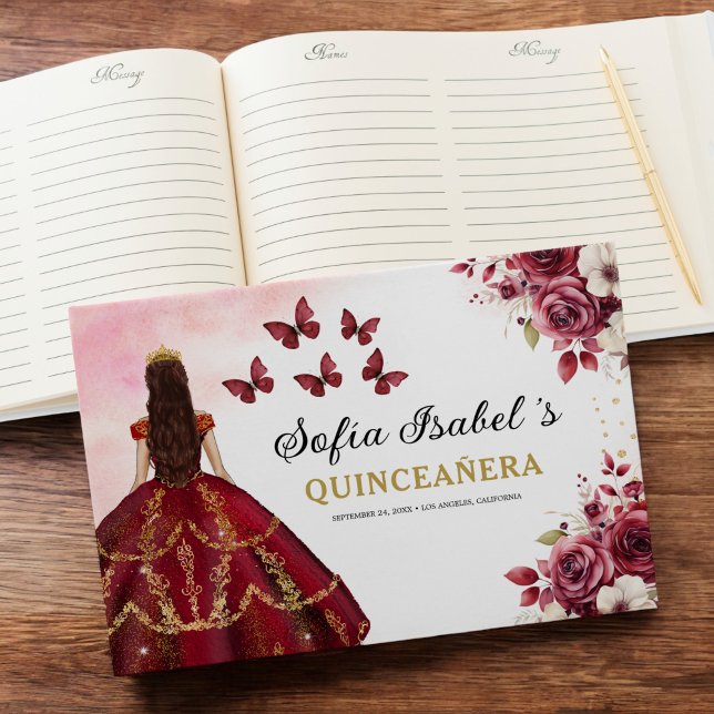 Livro De Visitas Quinceañera Burgundy Princesa Dourada Floral (Criador carregado)