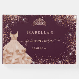 Livro De Visitas Quinceanera burgundy rosa gold vestido tiara