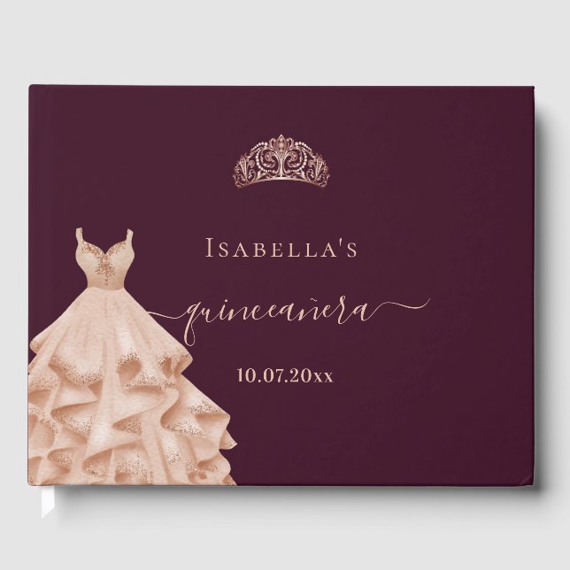 Livro De Visitas Quinceanera burgundy rosa gold vestido tiara (Frente)