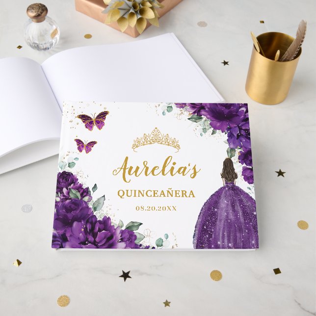 Livro De Visitas QUINCEAÑERA Dark Purple Floral Princess Butterfly (Frente aberta)