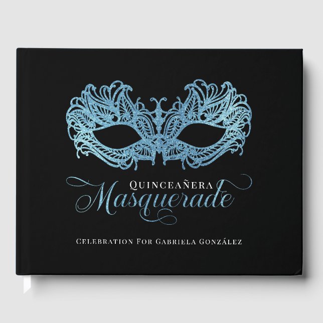 Livro De Visitas Quinceanera de Mascarada Azul Elegante (Frente)