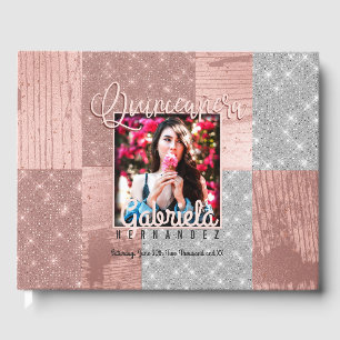 Livro De Visitas Quinceañera do Glitter Silver Dourado Moderno Rosa