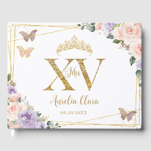 Livro De Visitas Quinceañera Dourada Floral Roxo-Roxo Quinecera XV