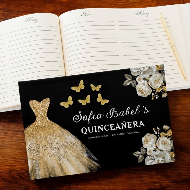 Livro De Visitas Quinceañera Dourada Princesa Floral Borboletas (Criador carregado)