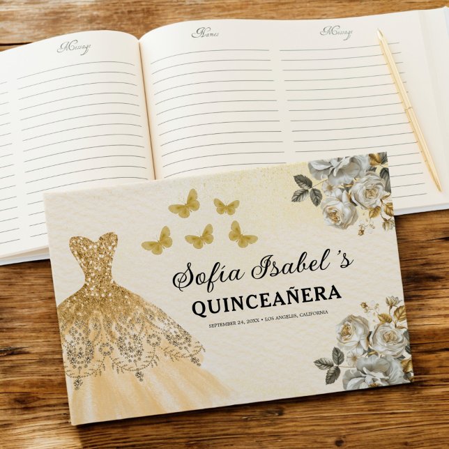Livro De Visitas Quinceañera Dourada Princesa Floral Borboletas (Criador carregado)