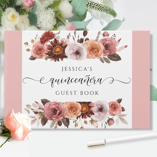 Livro De Visitas Quinceañera Elegant Blush Pink e Burgundy Floral (Criador carregado)