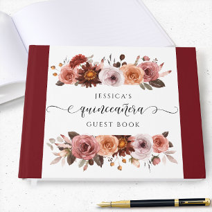 Livro De Visitas Quinceañera Elegante Borgonha e Blush Floral