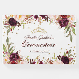 Livro De Visitas Quinceanera Floral Elegante Dourada Burgundy