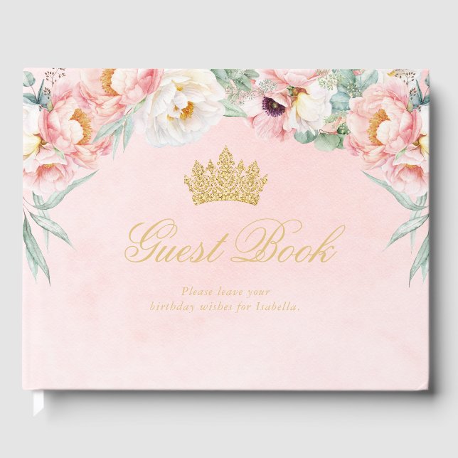 Livro De Visitas Quinceañera Floral Elegante Rosa e Dourada (Frente)