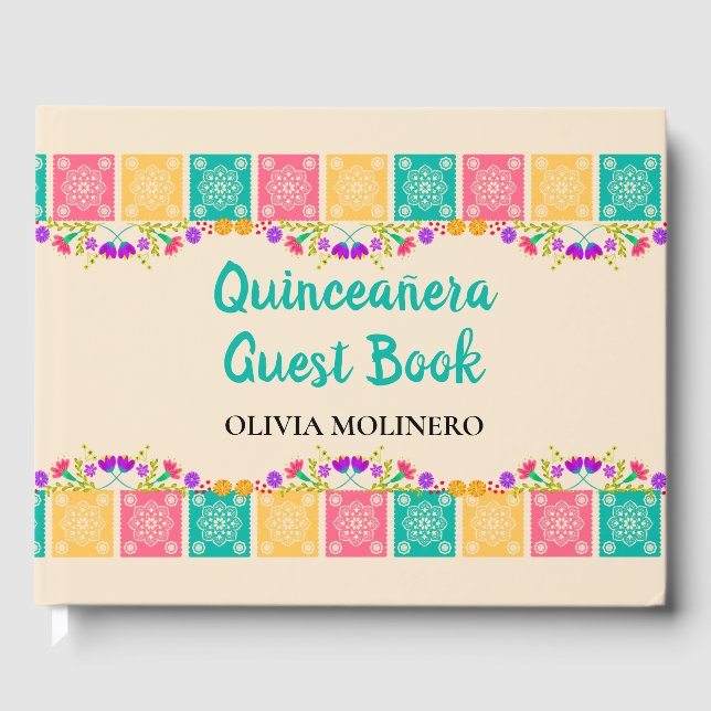 Livro De Visitas Quinceanera Floral Papel Picado Mis Quince Anos (Frente)