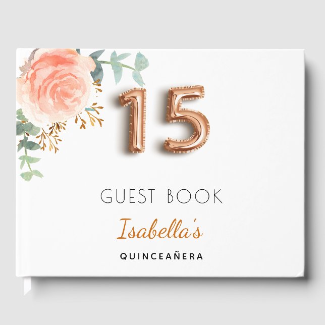 Livro De Visitas Quinceanera floral rosa de ouro eucalipto monogram (Frente)