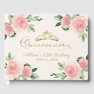 Livro De Visitas Quinceanera Floral Rosa Dourada Tiara Blush