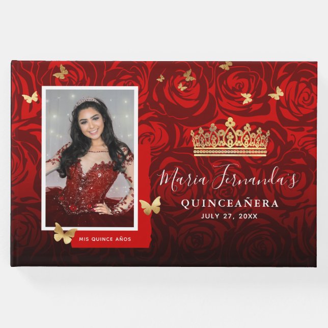 Livro De Visitas Quinceanera, Foto Elegante Dourada Vermelha Modern (Frente)