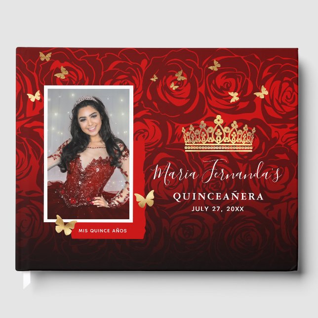 Livro De Visitas Quinceanera, Foto Elegante Dourada Vermelha Modern (Frente)