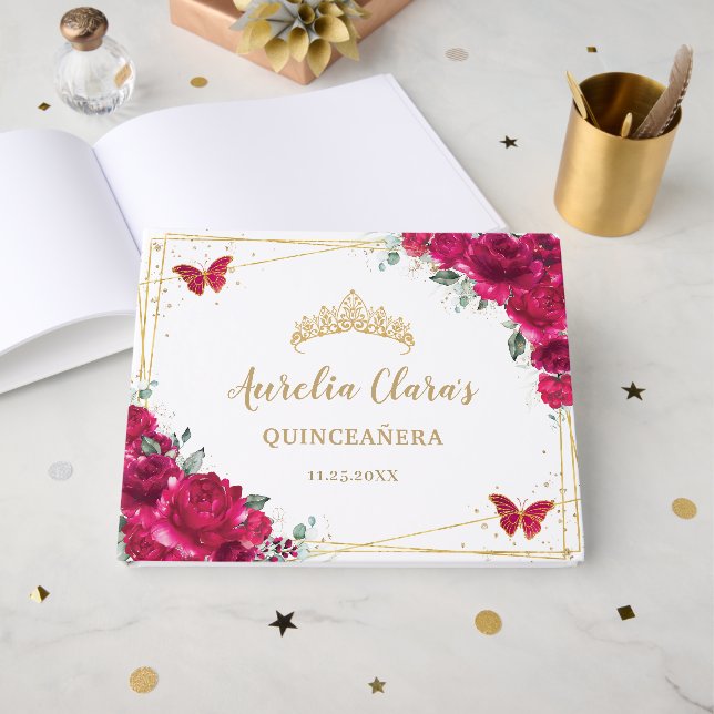 Livro De Visitas Quinceanera Fuchsia Borboletas Florais Quentes Ros (Frente aberta)