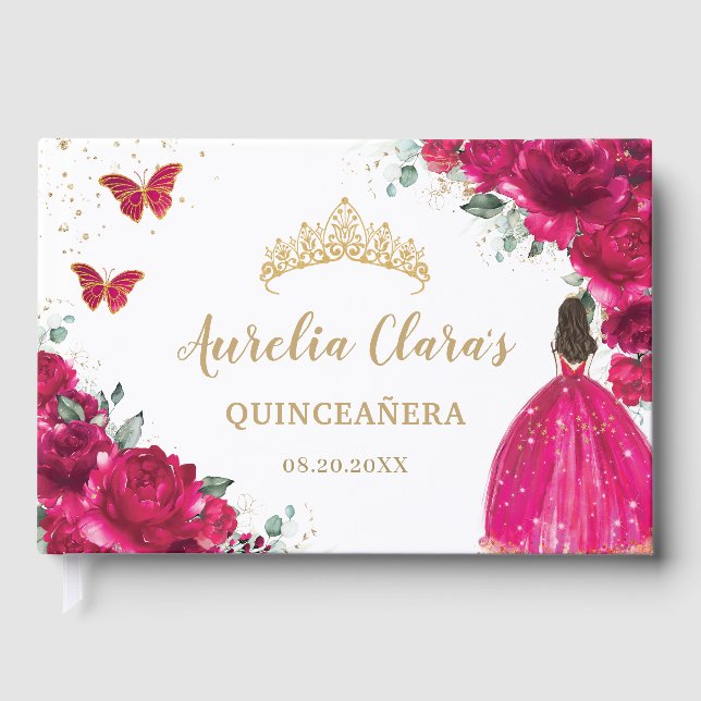 Livro De Visitas QUINCEAÑERA Fuchsia Flores Cor-de-rosa Princesa (Frente)