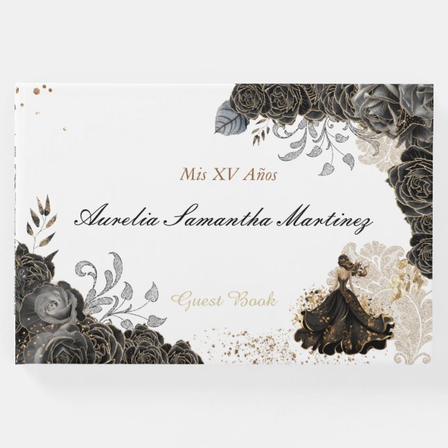 Livro De Visitas Quinceañera Guest Book Black and Dourado (Frente)