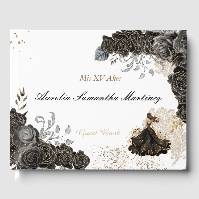 Livro De Visitas Quinceañera Guest Book Black and Dourado (Frente)