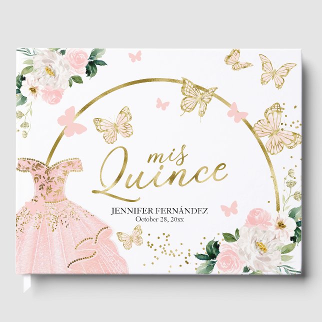 Livro De Visitas Quinceanera Guest Book Blush Borboleta Vestido (Frente)
