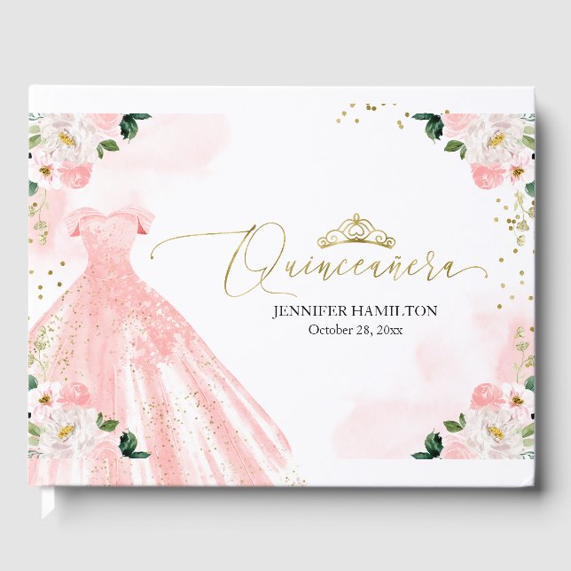 Livro De Visitas Quinceanera Guest Book Blush Dress Floral (Frente)