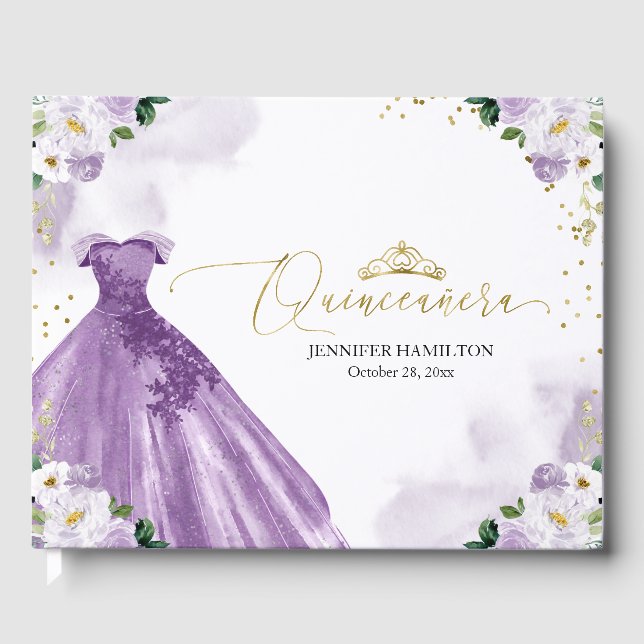 Livro De Visitas Quinceanera Guest Book Purple Vress Floral (Frente)