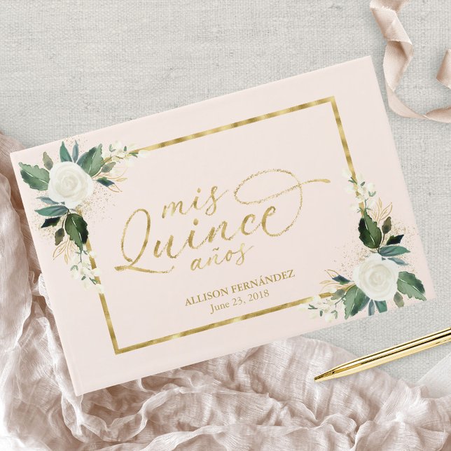 Livro De Visitas Quinceanera Guest Book Rosa Blush Gold Foil Floral (Criador carregado)