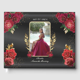 Livro De Visitas Quinceañera Guest Book Rosa vermelha fundo preto