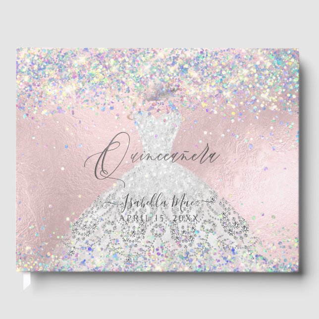 Livro De Visitas Quinceanera Holographic Confetti White Silver (Frente)