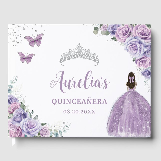 Livro De Visitas QUINCEAÑERA Lavanda Lilac Purple Floral Princesa (Frente)